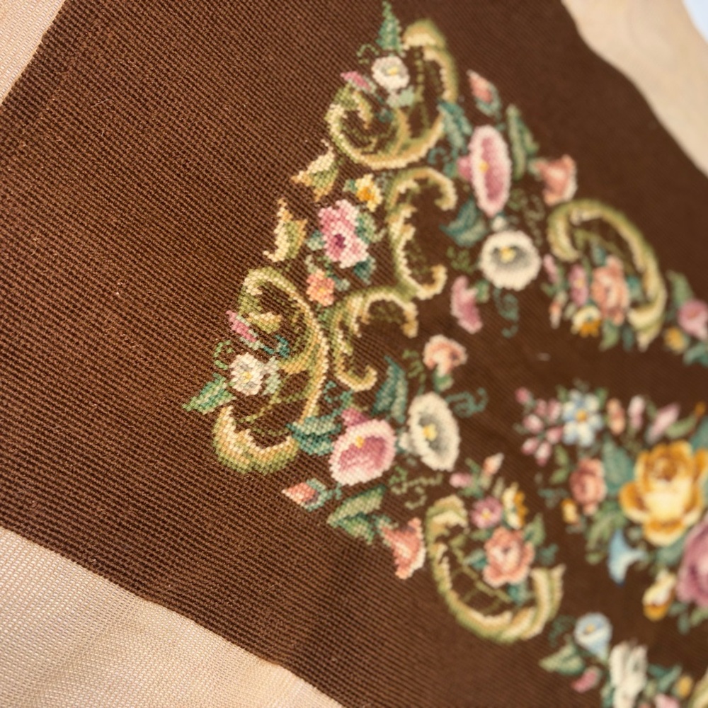22” x 39” vintage handmade needlepoint tapestry floral bench panel upholstery - Picture 8 of 12